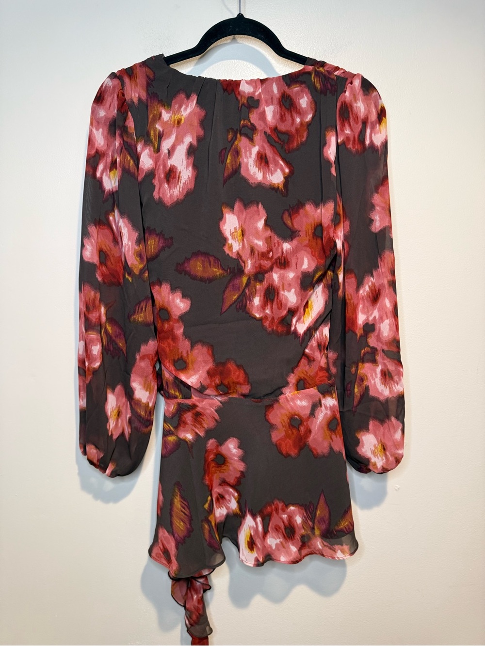 Abercrombie and Fitch Long-Sleeve Plunge Wrap Mini Dress Brown Floral NEW - Picture 11 of 15